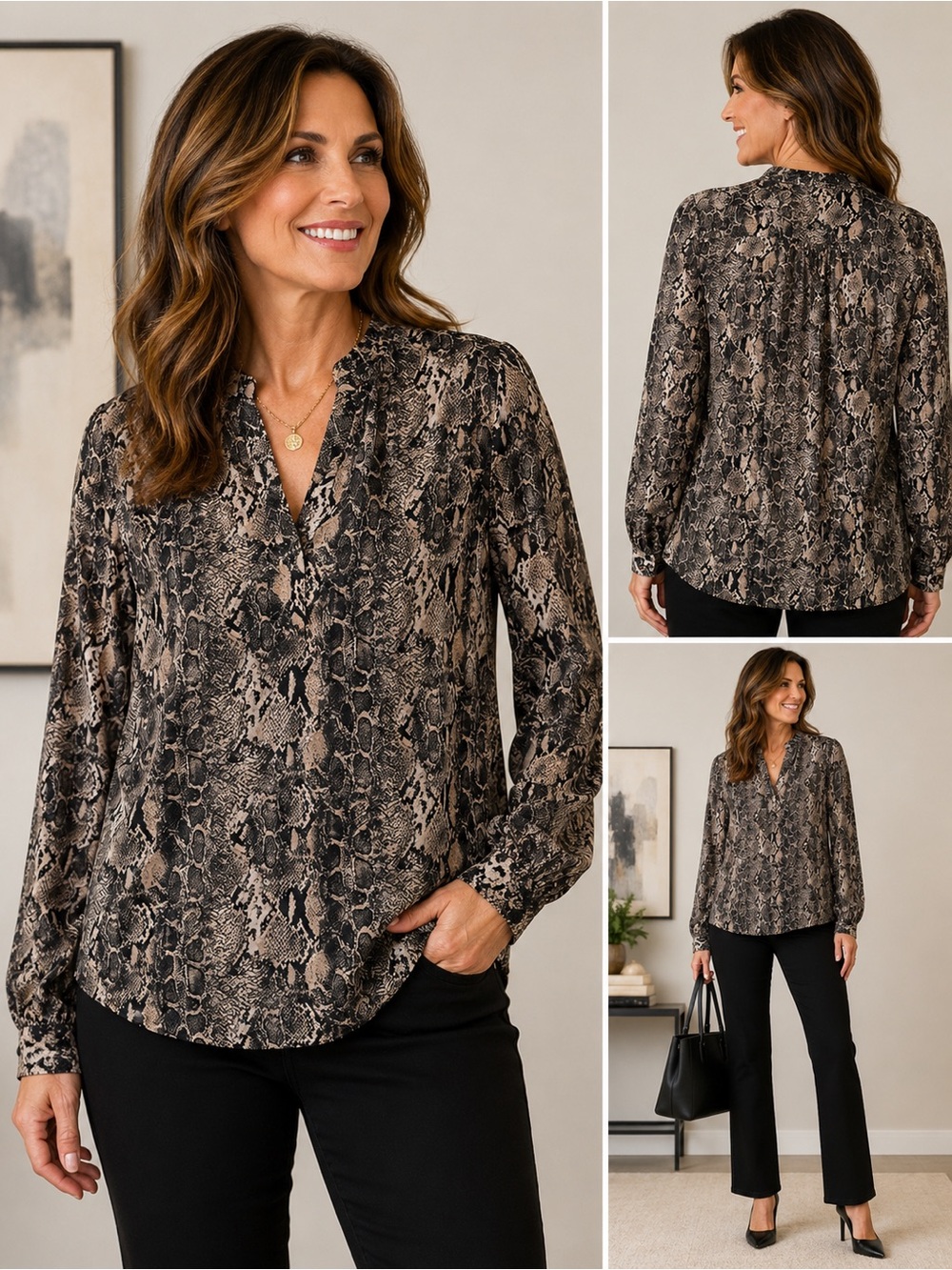 🐍Joan Rivers Snakeskin Print Long Sleeve Blouse Top - Large